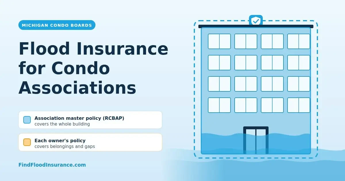 Illustration of a condo building with a shield over the whole structure, showing the association's master flood policy covering the building.