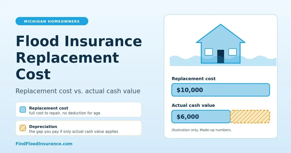 Illustration of a flooded house above two bars comparing replacement cost at $10,000 with actual cash value at $6,000, with the gap labeled depreciation.