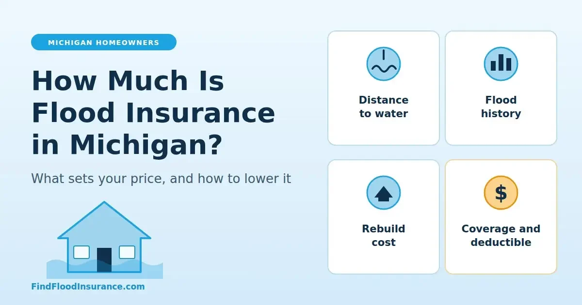 Illustration of a Michigan home with four cards listing what sets flood insurance prices: distance to water, flood history, rebuild cost, and coverage and deductible.